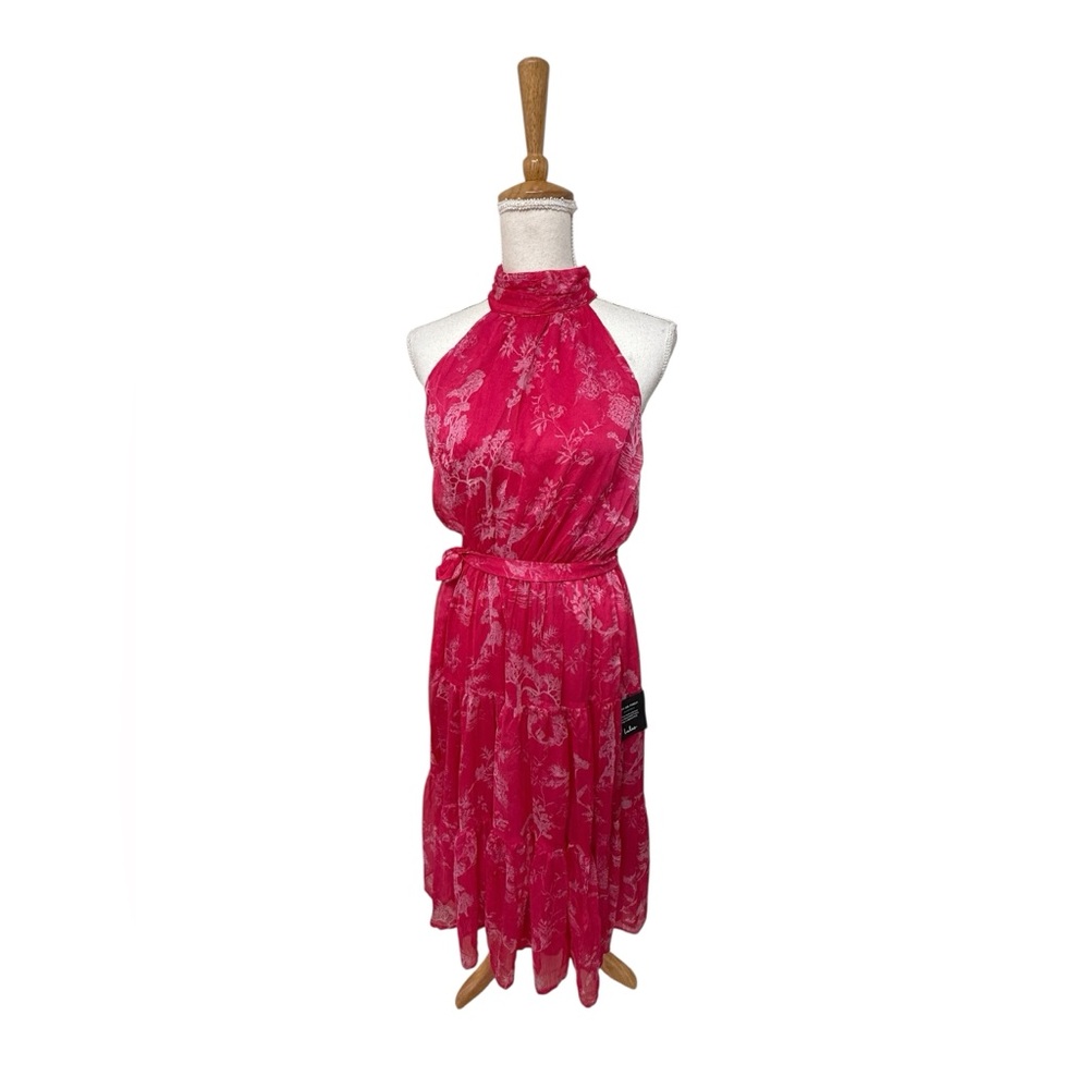 LULUS DRESS WOMENS SIZE MEDIUM PINK FLORAL HALTER NECK TIERED MIDI